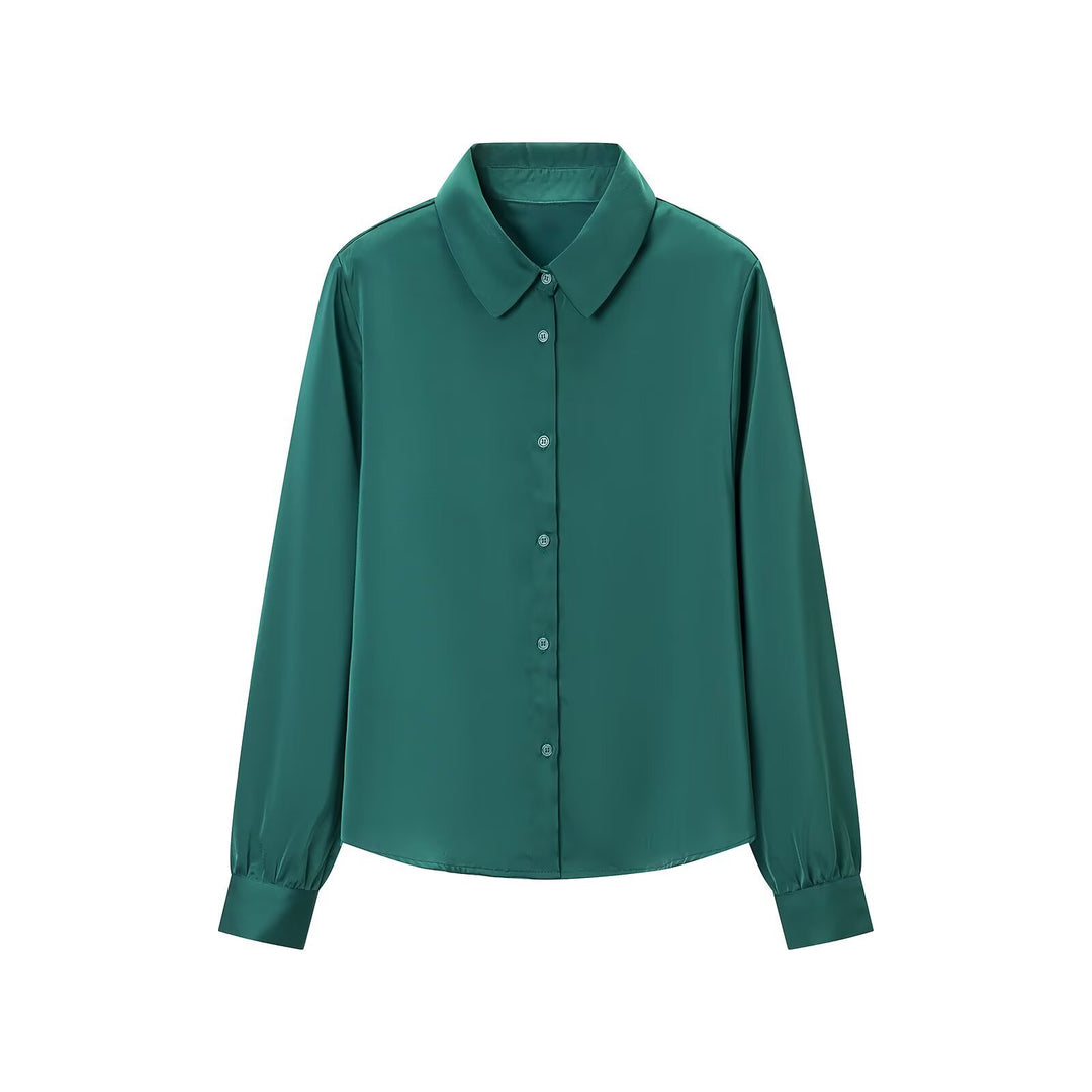 Ladies silk-like blouse with full button closure and wide collar Amarae