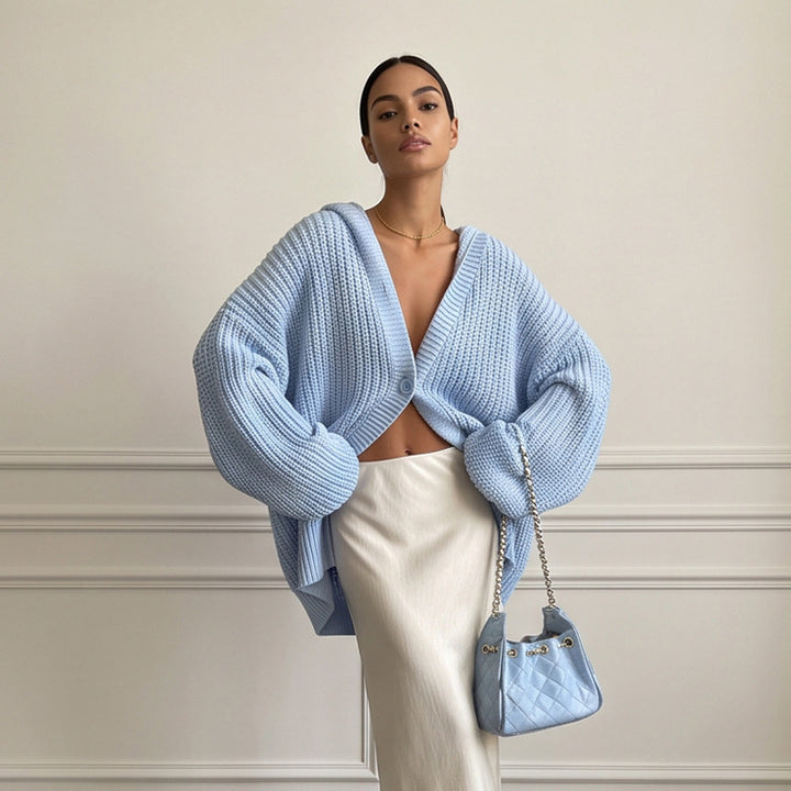 Women's Oversized Hooded Knit Cardigan with Balloon Sleeves and Button Placket Amarae