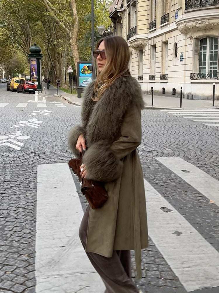 Women's Midi Length Tied Coat in Suede Look with Oversized Fur Collar and Voluminous Fur Cuffs Amarae