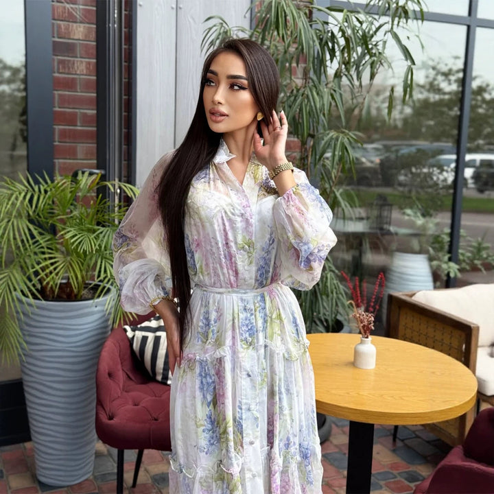 Women's Long Chiffon Tiered Maxi Dress with Ruffles & Delicate Flower Print Amarae