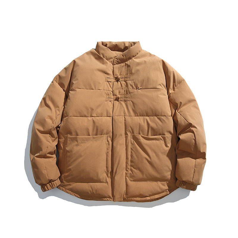 Unisex Boxy padded stand-up collar jacket with Chinese toggle closures and large front pockets Amarae
