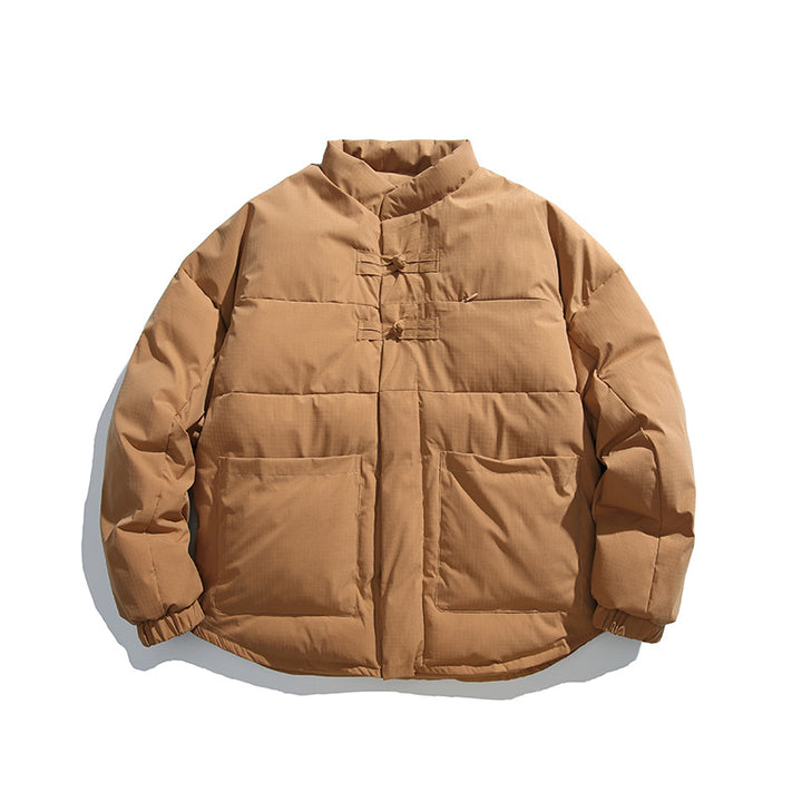 Unisex Boxy padded stand-up collar jacket with Chinese toggle closures and large front pockets Amarae