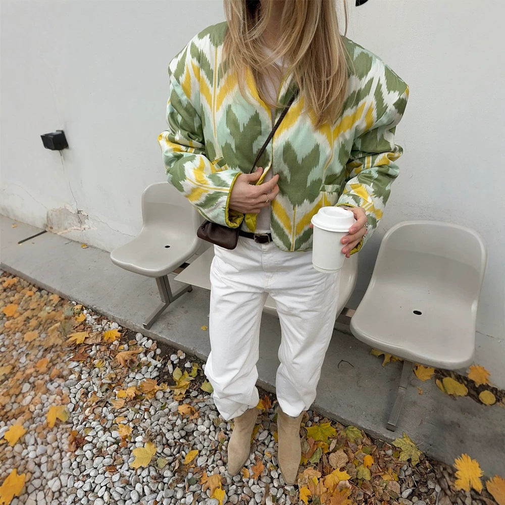 Women’s short jacket with Ikat pattern, boxy silhouette, and light cotton blend Amarae