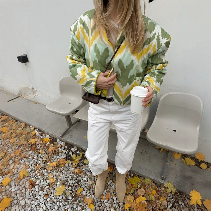 Women’s short jacket with Ikat pattern, boxy silhouette, and light cotton blend Amarae