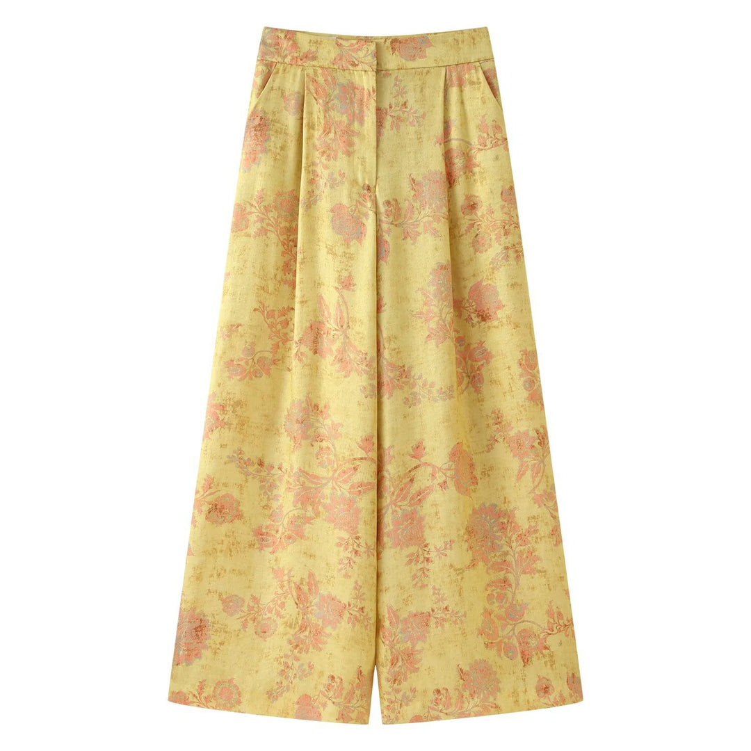 Ladies high-waisted wide palazzo pants made of brocade with floral jacquard pattern Amarae
