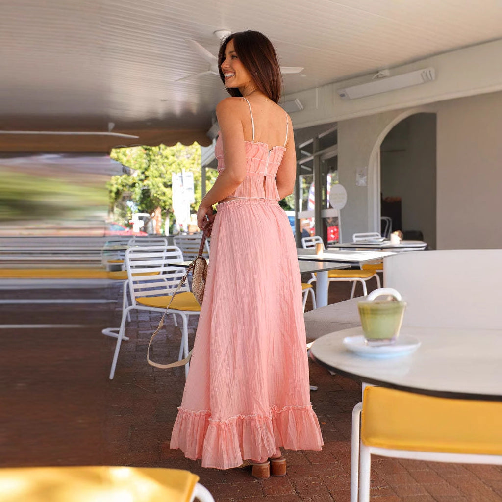 Ladies' maxi dress with playful ruffled hem and practical tie bands Lune London