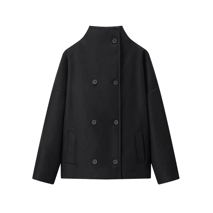 Women Short Cut Double Breasted Wool Blend Cocoon Coat with Stand-up Collar Amarae