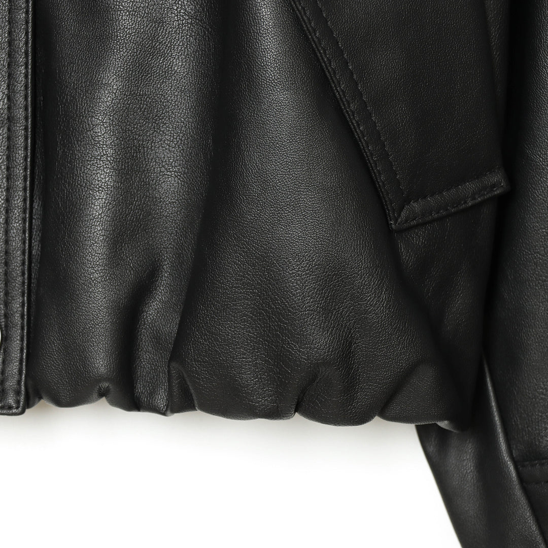 Women's Cropped Faux Leather Field Jacket with High Stand Collar, Shoulder Straps and Elastic Hem