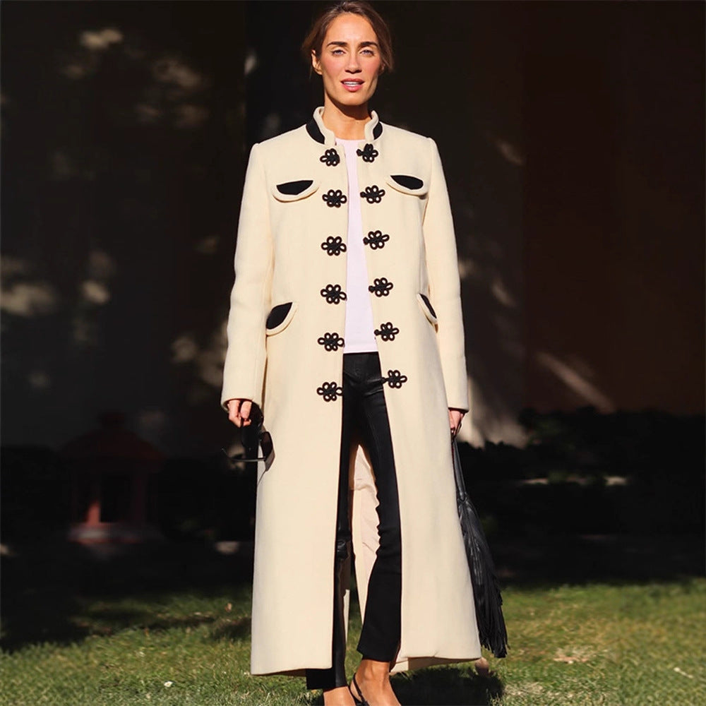 Women's maxi length tailored wool blend coat with stand-up collar and decorative frog closures Amarae