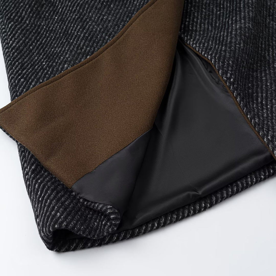 Women Long Wool Herringbone Coat with Tie Belt and Large Notched Collar Amarae