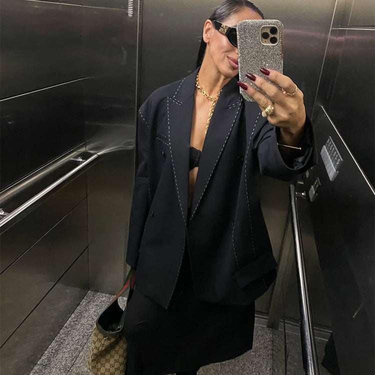 Women's Double-Breasted Oversized Blazer Coat with Distinctive Shoulder Area & Decorative Stitching Amarae
