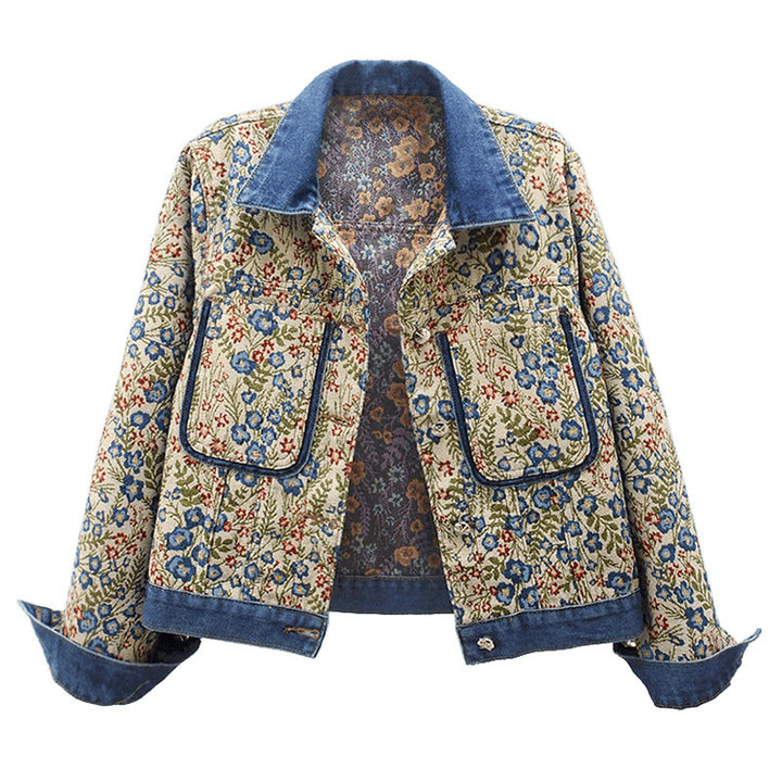 Floral patterned denim jacket for women with applied pockets and collar Lune London