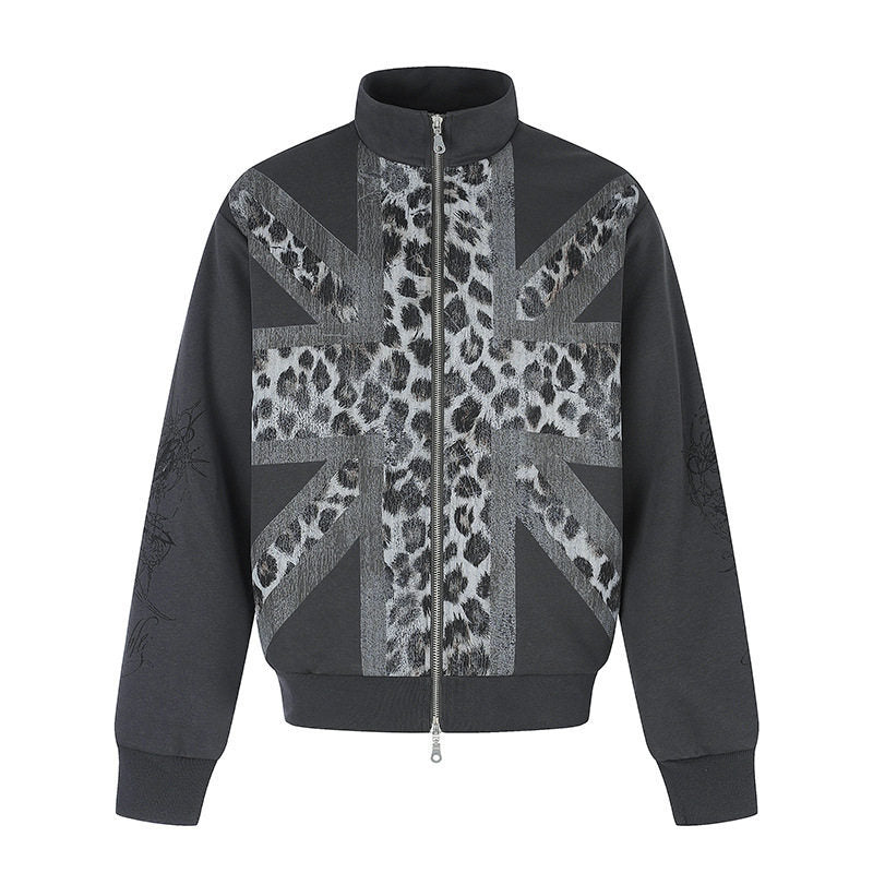 Women's Zip Sweat Jacket with Stand-Up Collar and Leopard Union Jack Print Amarae