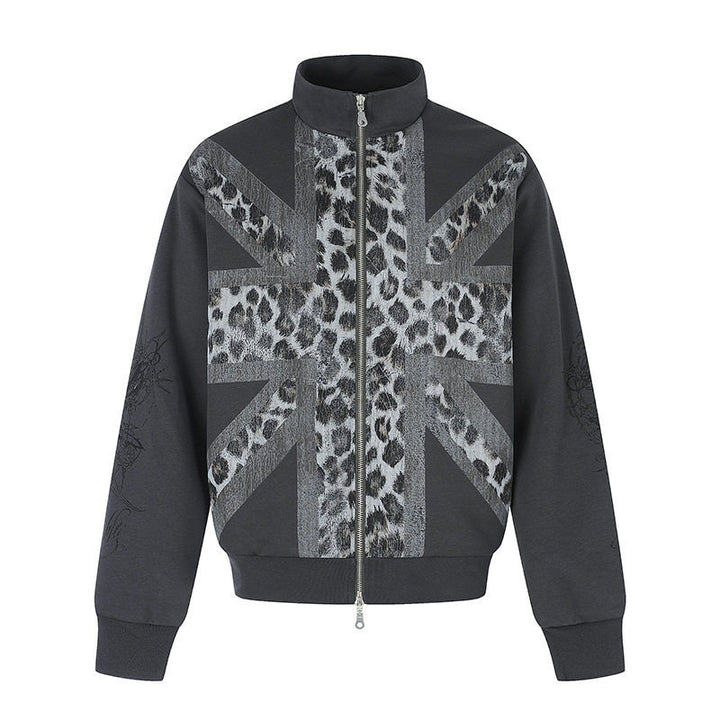 Women's Zip Sweat Jacket with Stand-Up Collar and Leopard Union Jack Print Amarae