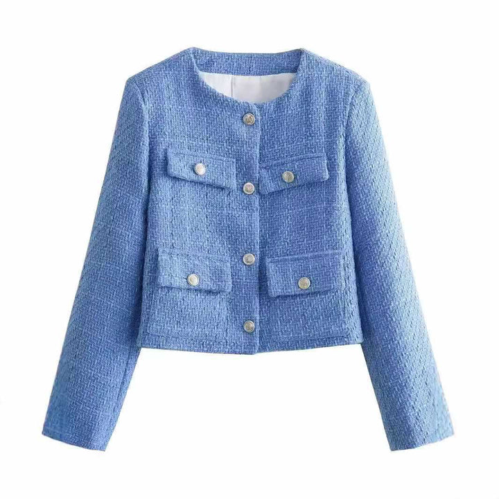 Fashionable tweed jacket for women with golden buttons and practical pockets Lune London
