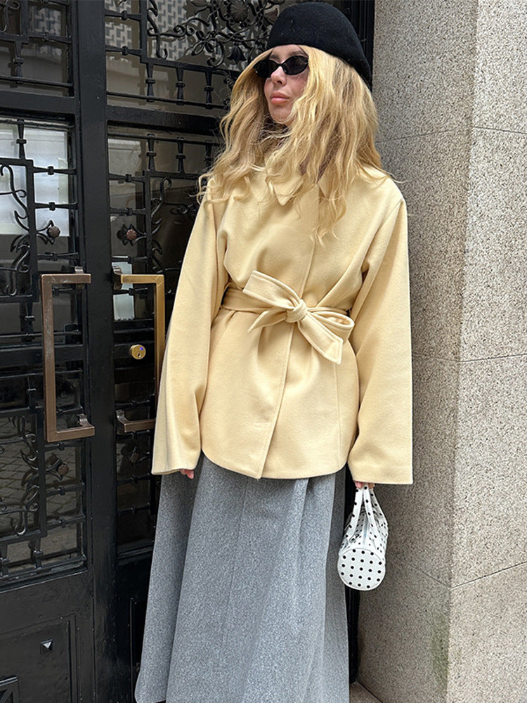 Women Wool Blend Short Jacket with Tying Belt, Boxy Silhouette and Subtle Lapel Amarae