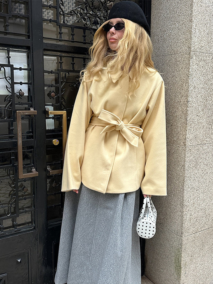Women Wool Blend Short Jacket with Tying Belt, Boxy Silhouette and Subtle Lapel Amarae
