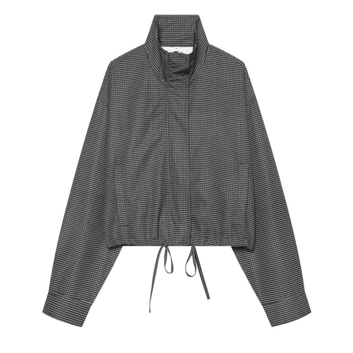 Women Short-Cut Oversized Windbreaker with Stand-Up Collar and Drawstring