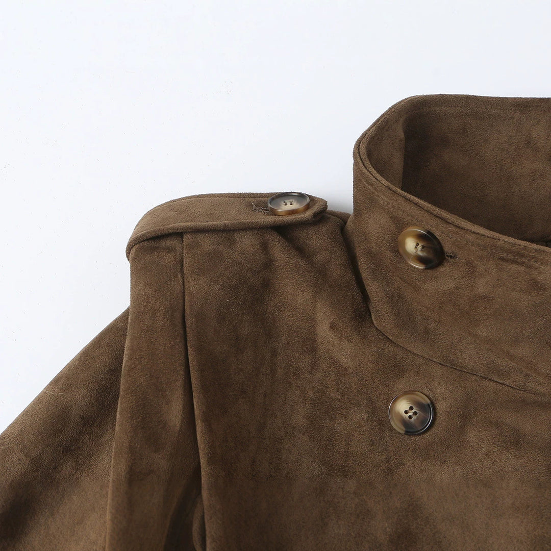 Women Short Double-Breasted Suede Jacket with Stand-Up Collar and Epaulettes Amarae