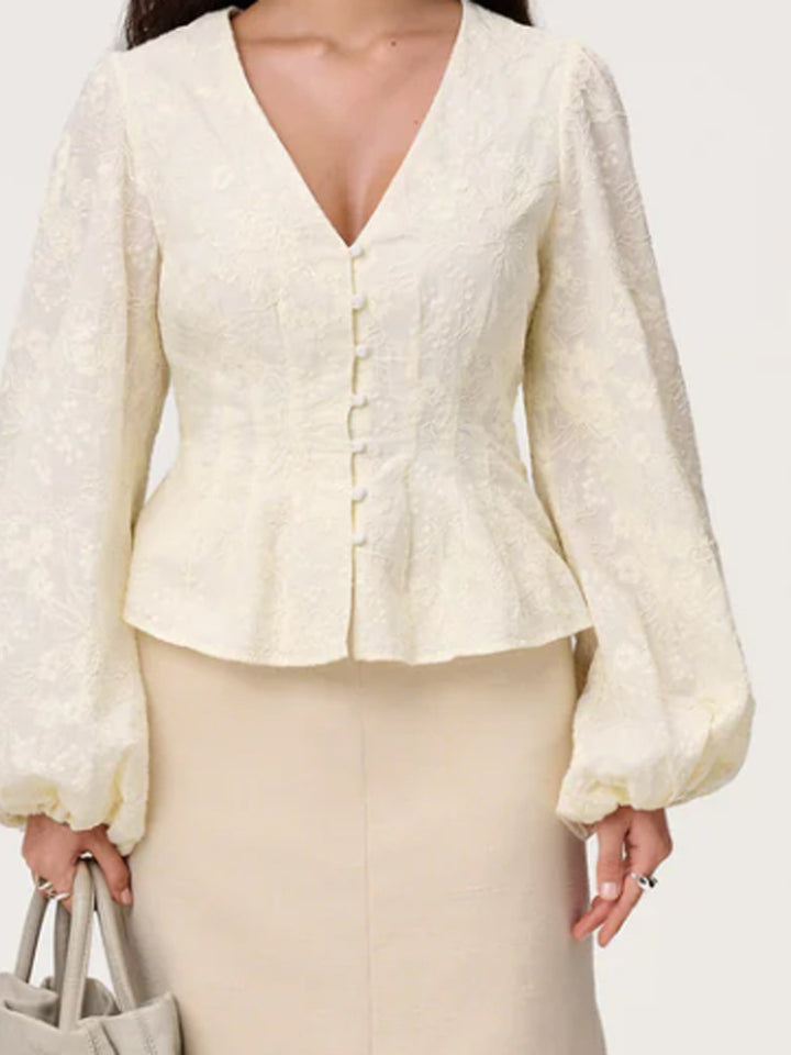 Women's jacquard lace blouse with fitted peplum and balloon sleeves Amarae