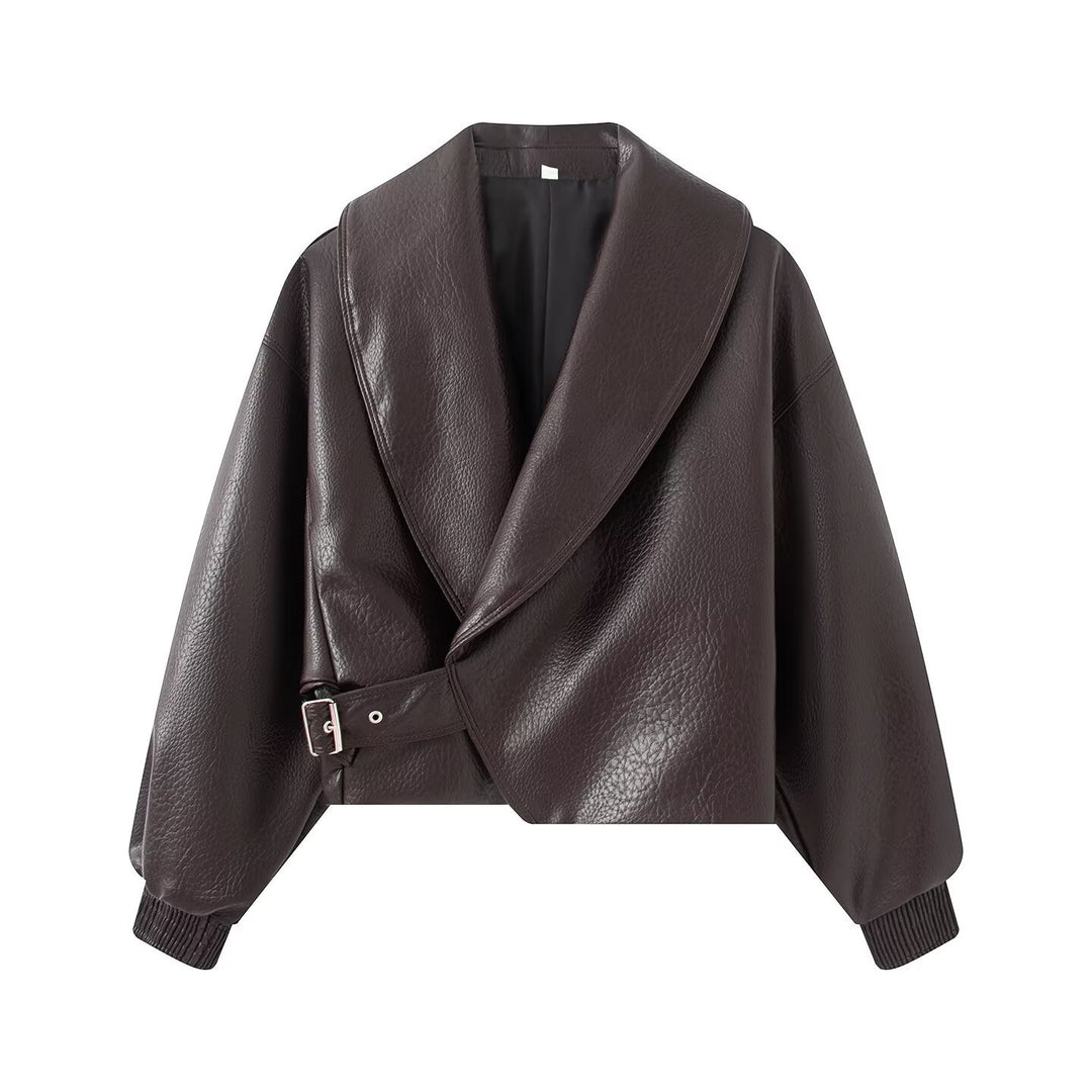 Women's Short Cut Wrap Jacket made of Leather Look with Large Shawl Collar and Waist Belt Amarae