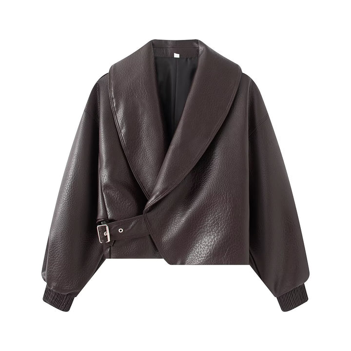 Women's Short Cut Wrap Jacket made of Leather Look with Large Shawl Collar and Waist Belt Amarae