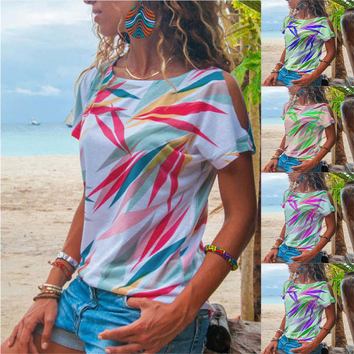 T-shirt pour femme avec coupe asymétrique et motif de feuilles colorées Chic & Stil