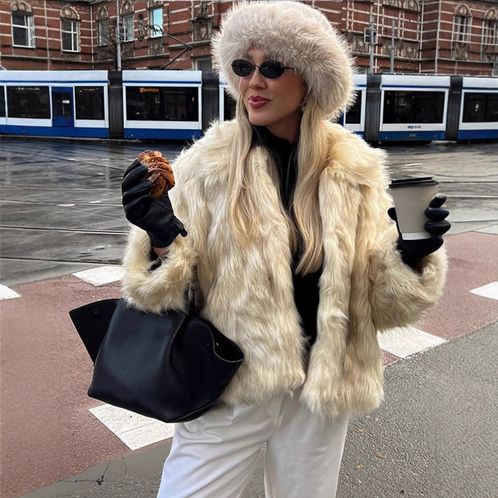 Women's Short Cut Boxy Faux Fur Coat with Long Pile Structure Amarae