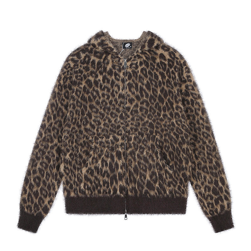 Women's Cozy Cardigan with Zipper and Leopard Jacquard Amarae