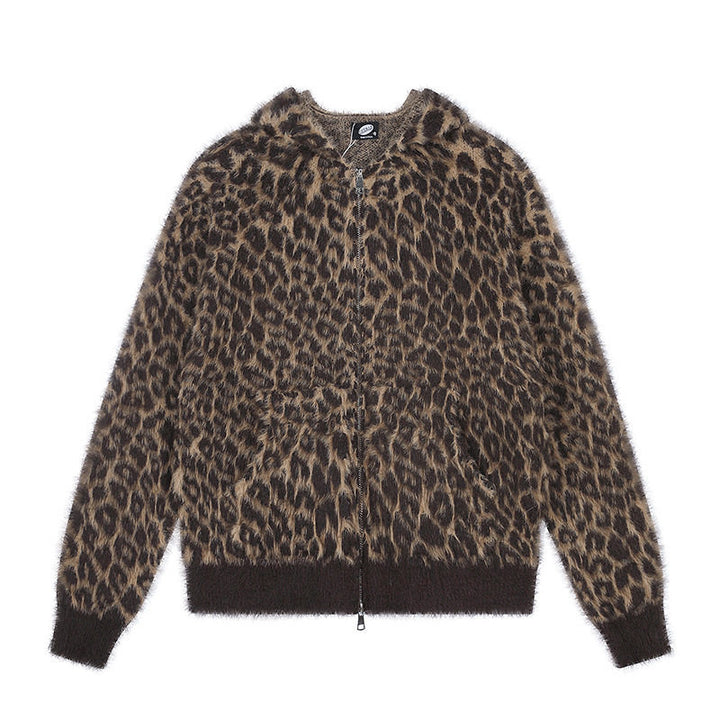 Women's Cozy Cardigan with Zipper and Leopard Jacquard Amarae