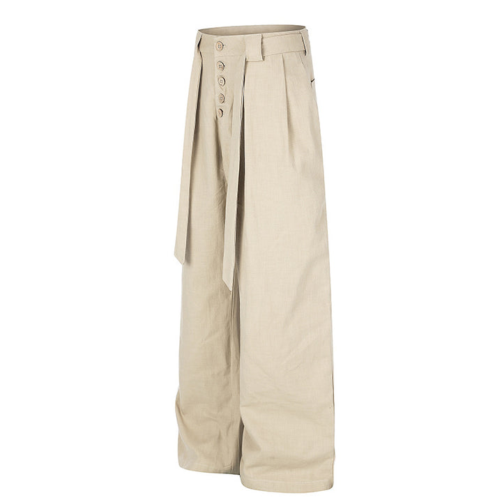 Women's High-Cut Linen Wide-Leg Trousers with Button Placket, Ties and Pleats