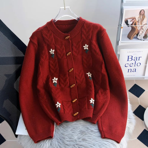 Knit jacket for women with floral cable pattern and wooden buttons Amarae