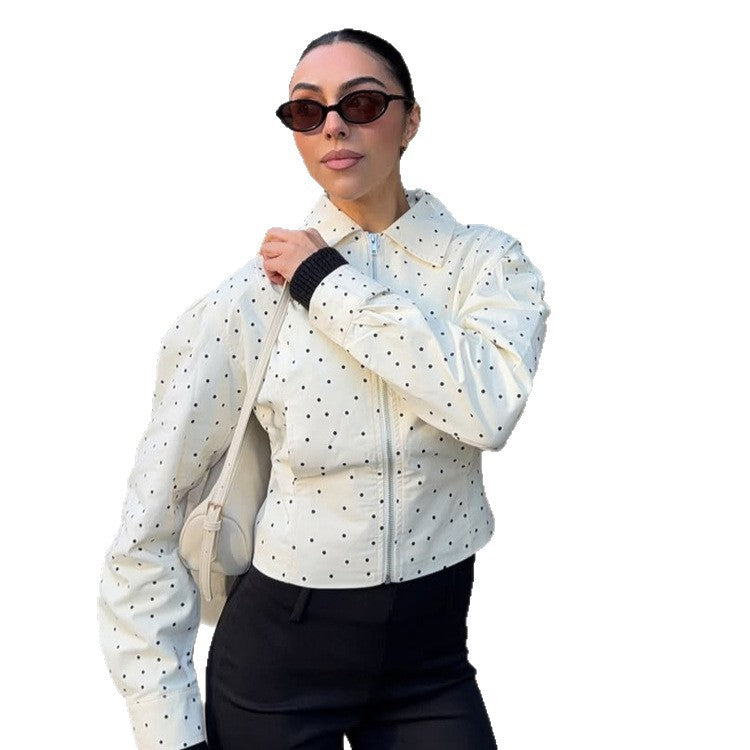 Women's tailored short jacket with polka-dot perforation, shirt collar, and concealed zipper Amarae