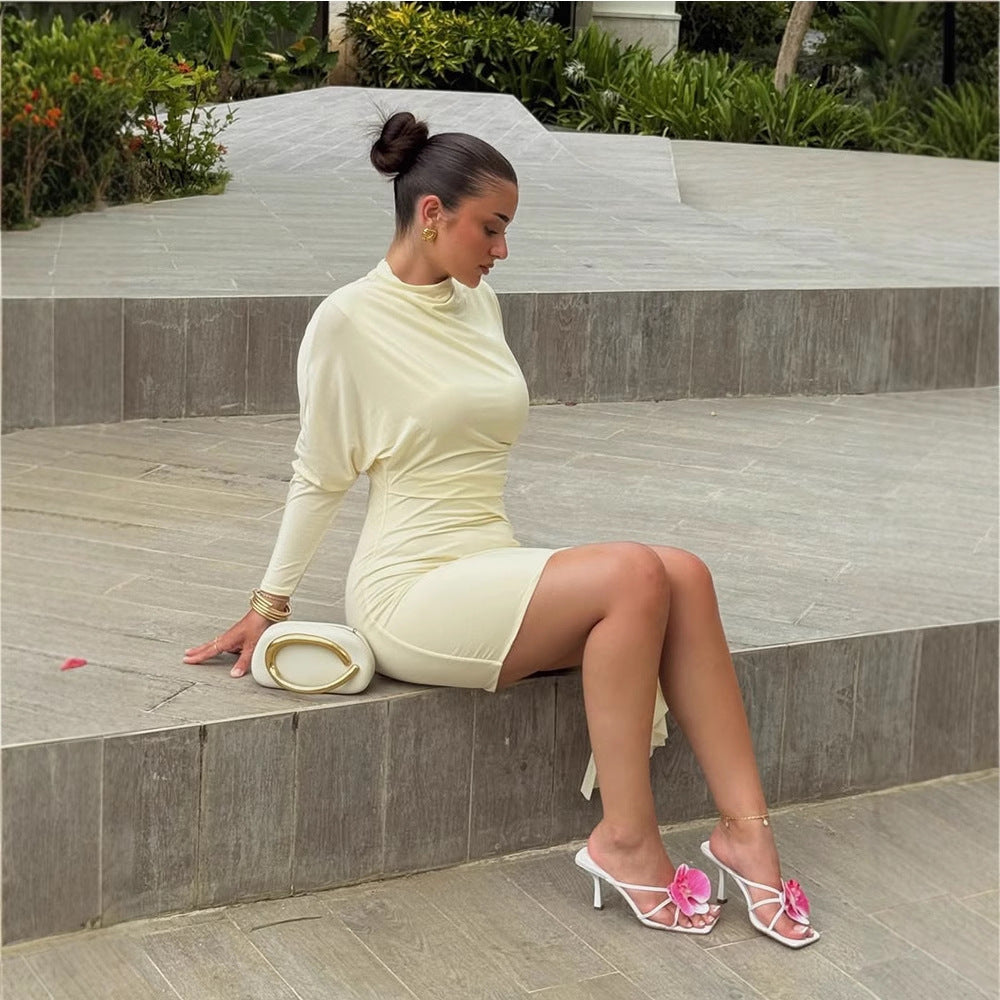 Women Tailored Mini Dress with High Stand Collar & Side Draping Amarae