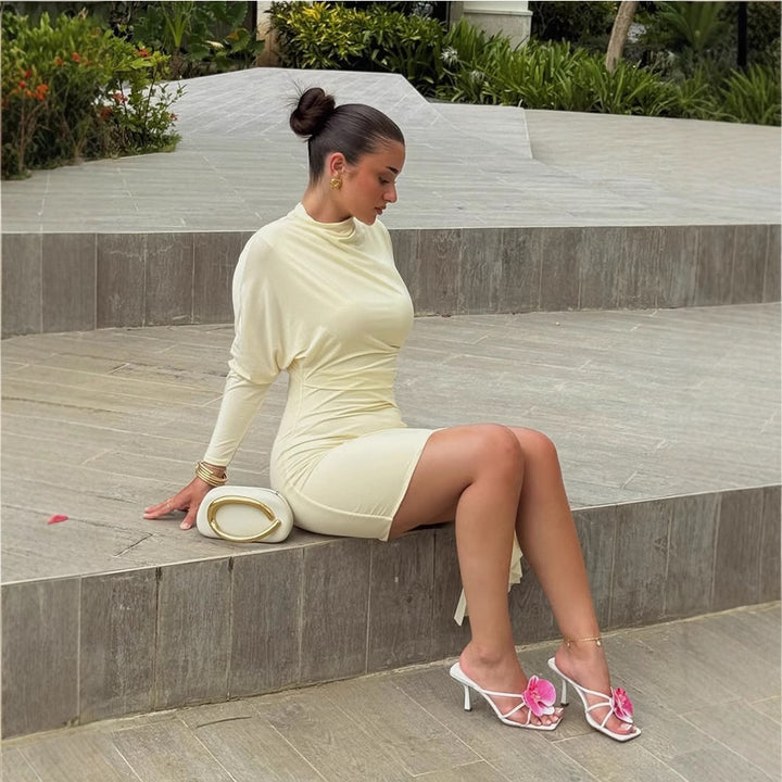 Women Tailored Mini Dress with High Stand Collar & Side Draping Amarae