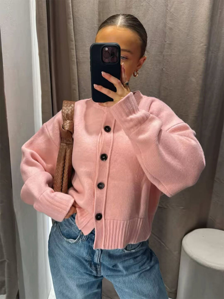 Women's Short Boxy Cardigan with Large Button Placket, Ribbed Hem & Volume Sleeves Amarae