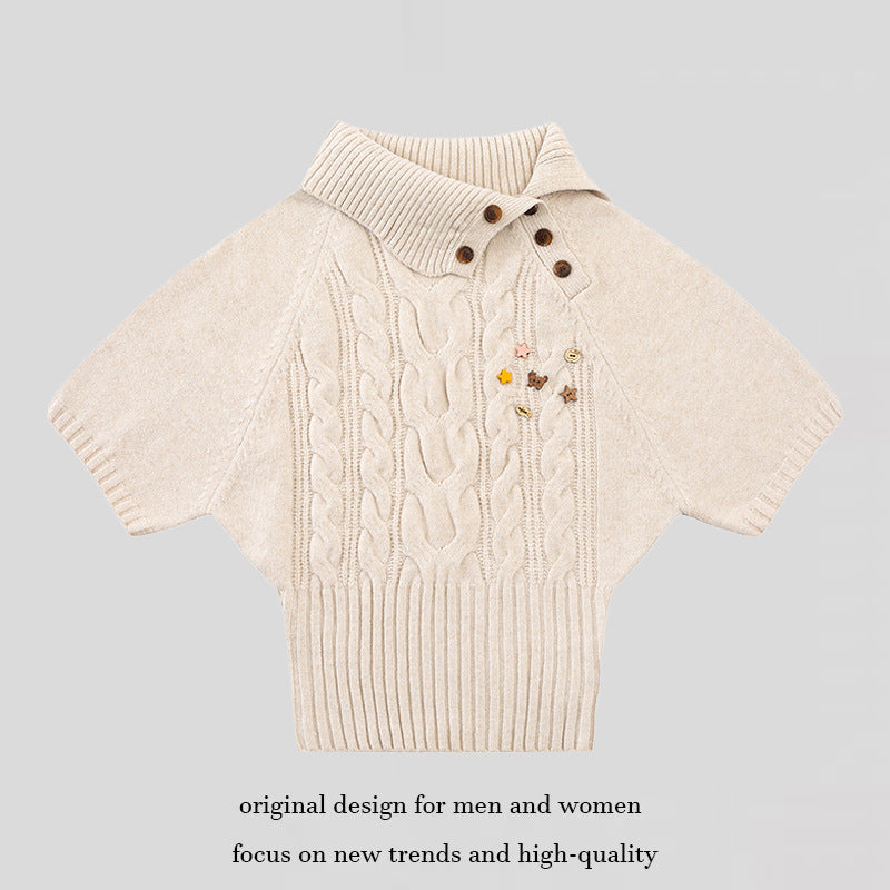 Women's Short-Sleeved Cable Knit Sweater Top with Stand Collar and Button Placket Amarae