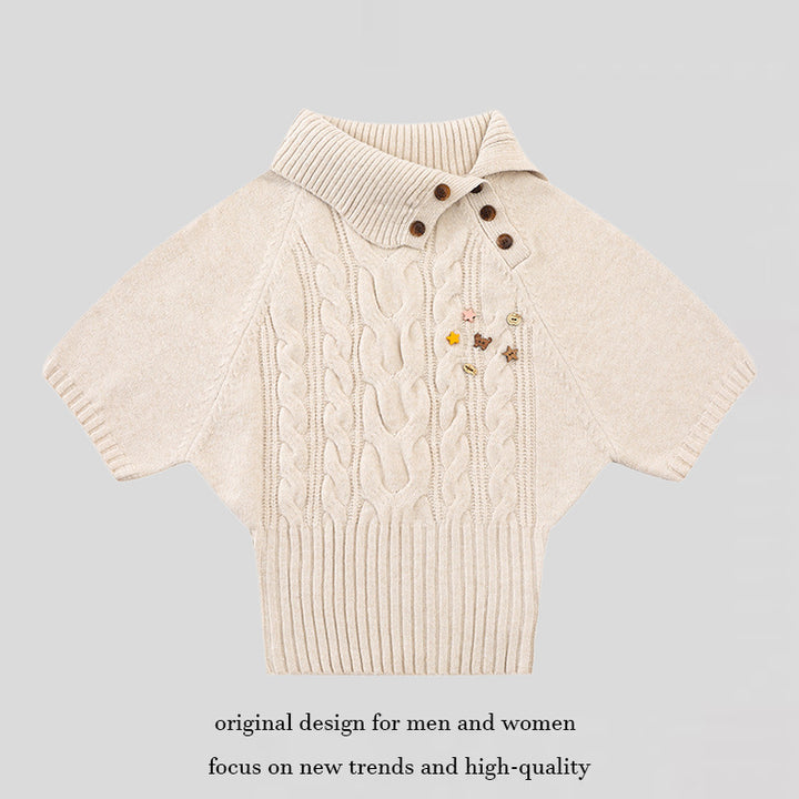 Women's Short-Sleeved Cable Knit Sweater Top with Stand Collar and Button Placket Amarae