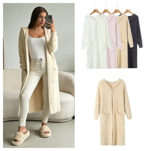 Manteau long en tricot confortable pour femmes avec capuche et poches pratiques