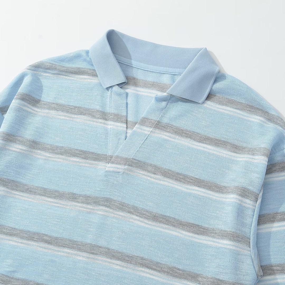 Men's knit polo shirt with open V-neck and fine stripe pattern Amarae