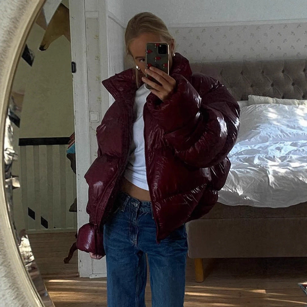 Women's Shiny Oversized Padded Jacket with Hood and High Stand-Up Collar Amarae