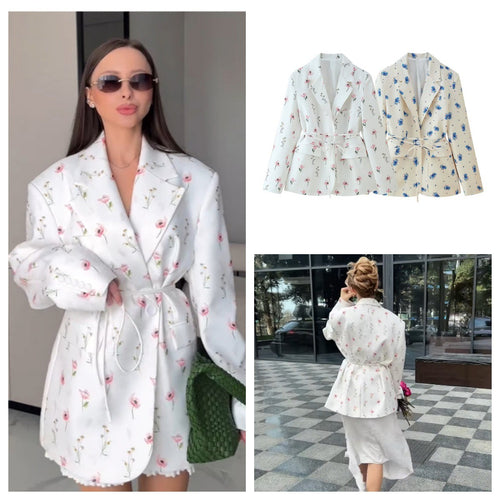 Fashion blazer jacket for women with floral pattern and waist belt Amarae