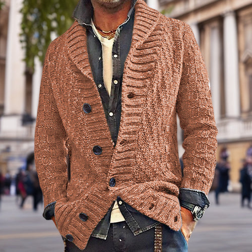 Men's knitted jacket with a modern cable pattern and Amarae button details