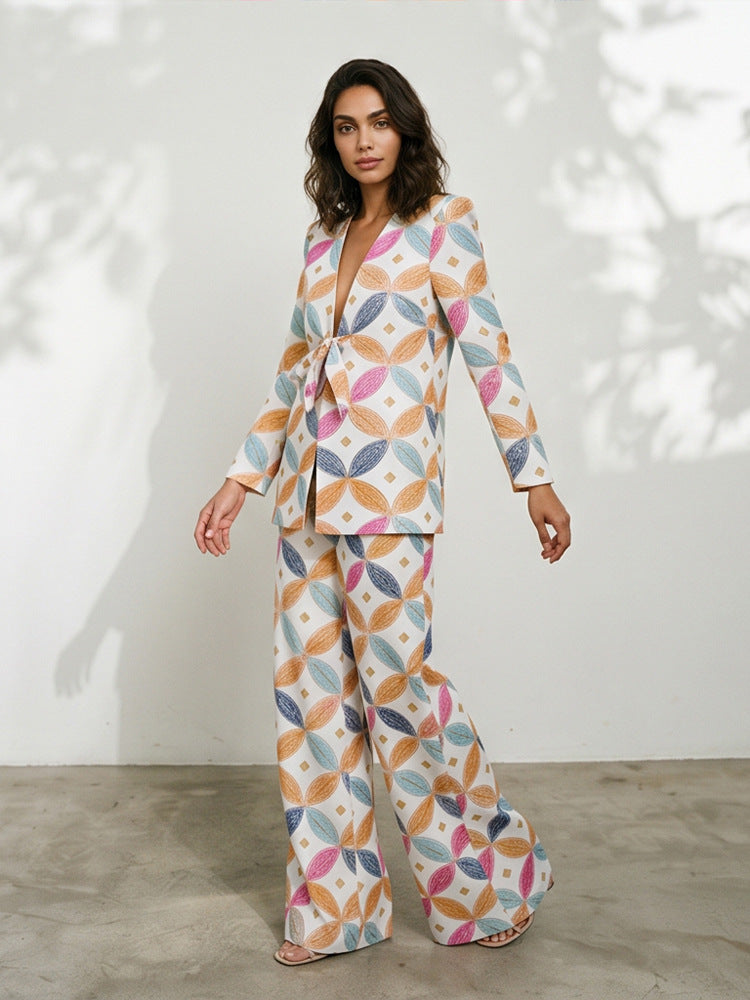 Women's Two-Piece Jacquard Suit with Waist Bow and Wide Leg Amarae