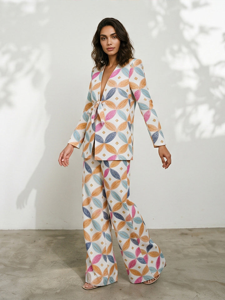Women's Two-Piece Jacquard Suit with Waist Bow and Wide Leg Amarae