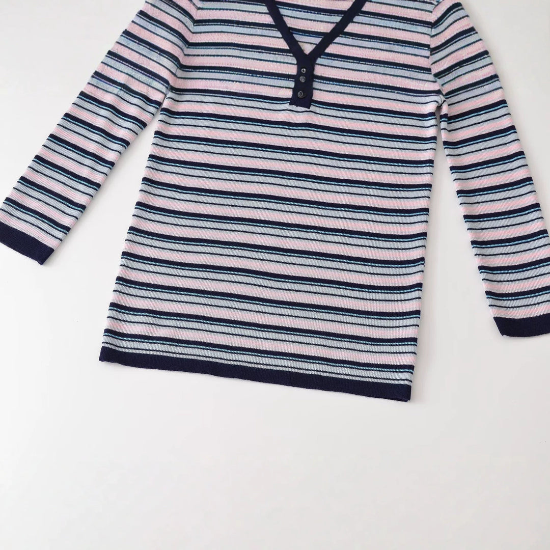Women's fine knit Henley shirt with fine stripe structure and button placket Amarae