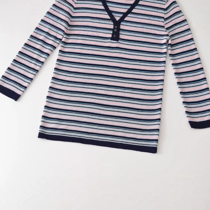 Women's fine knit Henley shirt with fine stripe structure and button placket Amarae