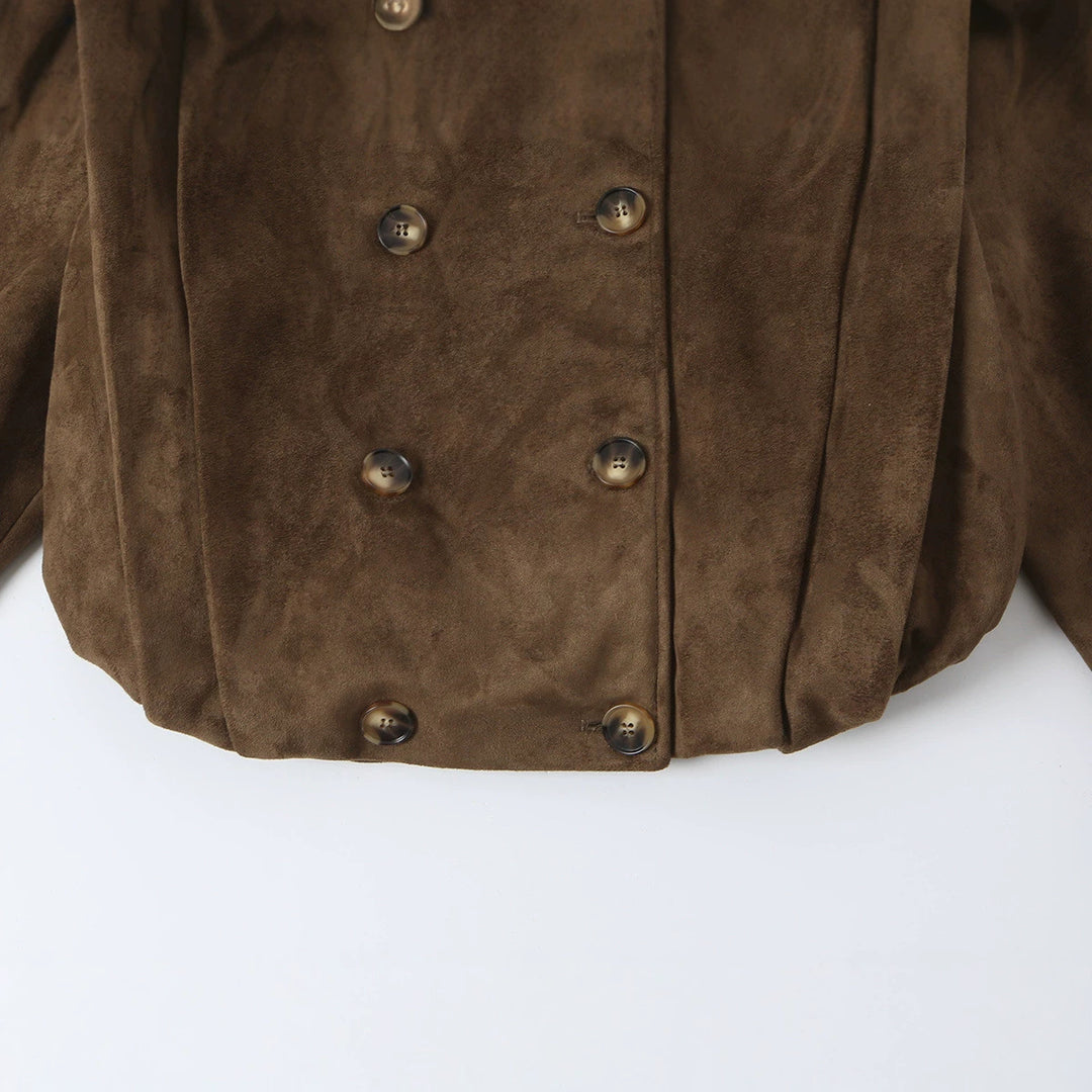 Women Short Double-Breasted Suede Jacket with Stand-Up Collar and Epaulettes Amarae