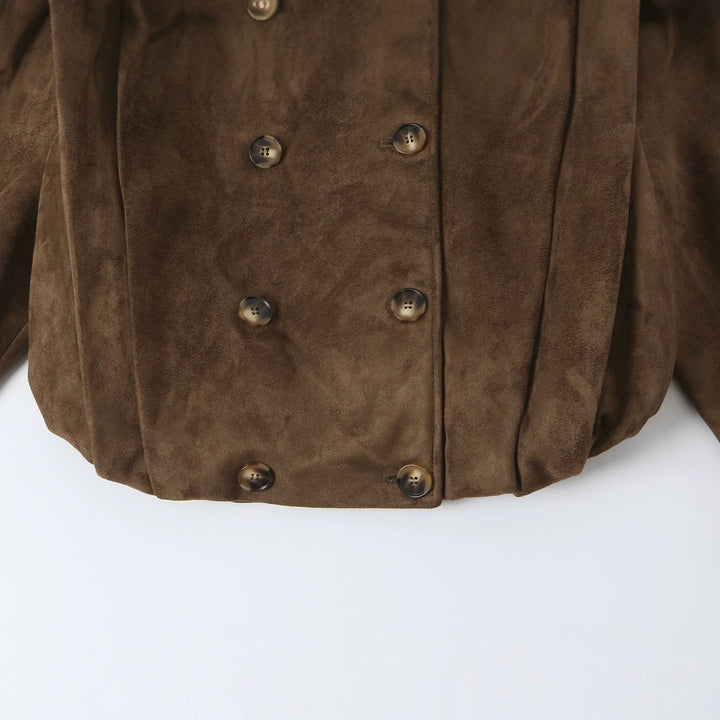 Women Short Double-Breasted Suede Jacket with Stand-Up Collar and Epaulettes Amarae