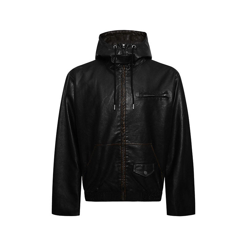 Men's Hooded Leather Jacket in Utility Style with Zipper and Kangaroo Pocket Amarae